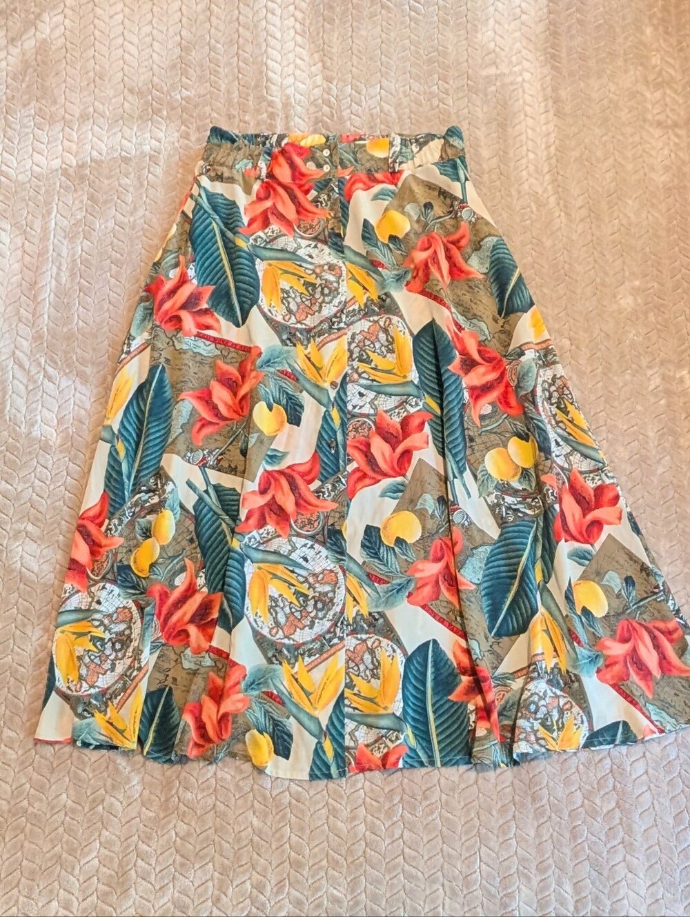 Bice Lily Floral Pattern Flowing Button Down Maxi Skirt Size L